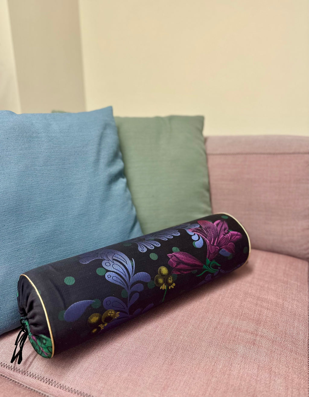 Brocade bolster pillow black