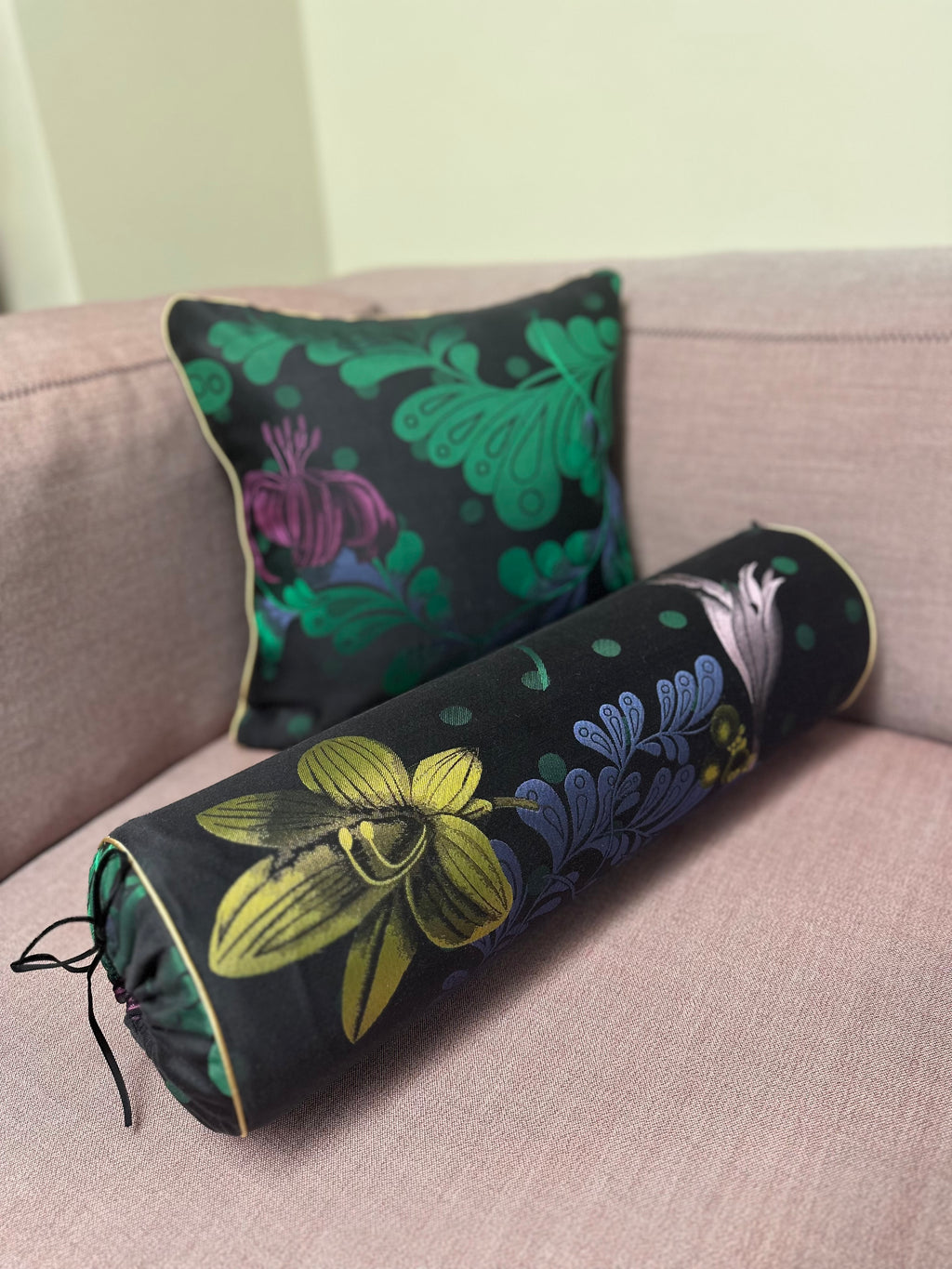 Brocade bolster pillow black